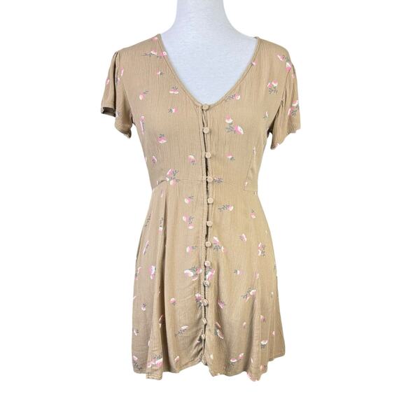 Amuse Society Yours to Keep Tan Light Brown Floral Crinkle Button Up Mini Dress - Picture 3 of 12